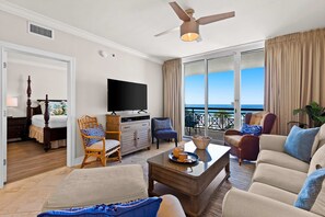 TV, offices - Third Floor Oceanfront Condo with Ocean View, Shared Pool, W&D, and Fast WiFi (Fort Walton Beach)