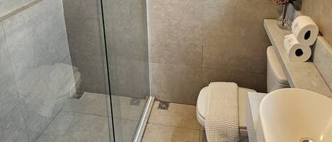 Un baño con ducha de vidrio, inodoro y lavamanos con un jarrón de flores.