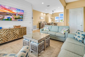 TV, offices - Gulf-front home with direct beach access, Gulf views, yard, & deck (St. George Island)