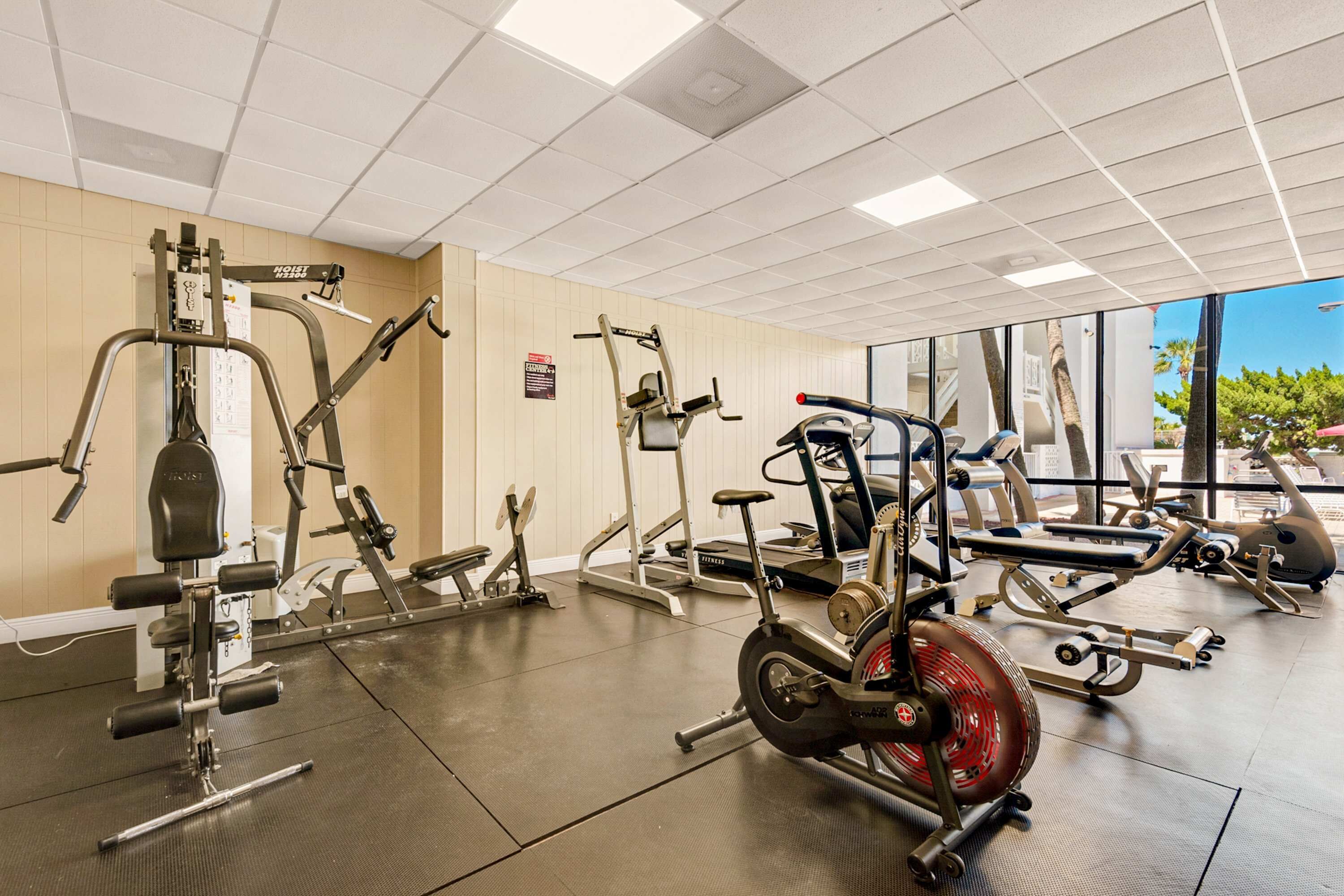 A gym with various exercise machines, a mirrored wall, and a large window with a view of trees and a clear sky.