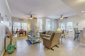 TV, offices - Waters Edge 201-Spacious 2nd floor condo on Okaloosa Island with Gulf-front pool, Beach service, & Gym (Fort Walton Beach)