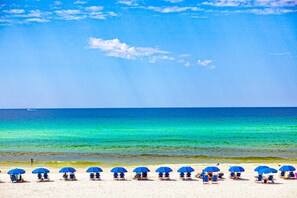 Ein Strand mit Reihen blauer Sonnenschirme und Liegestühle.