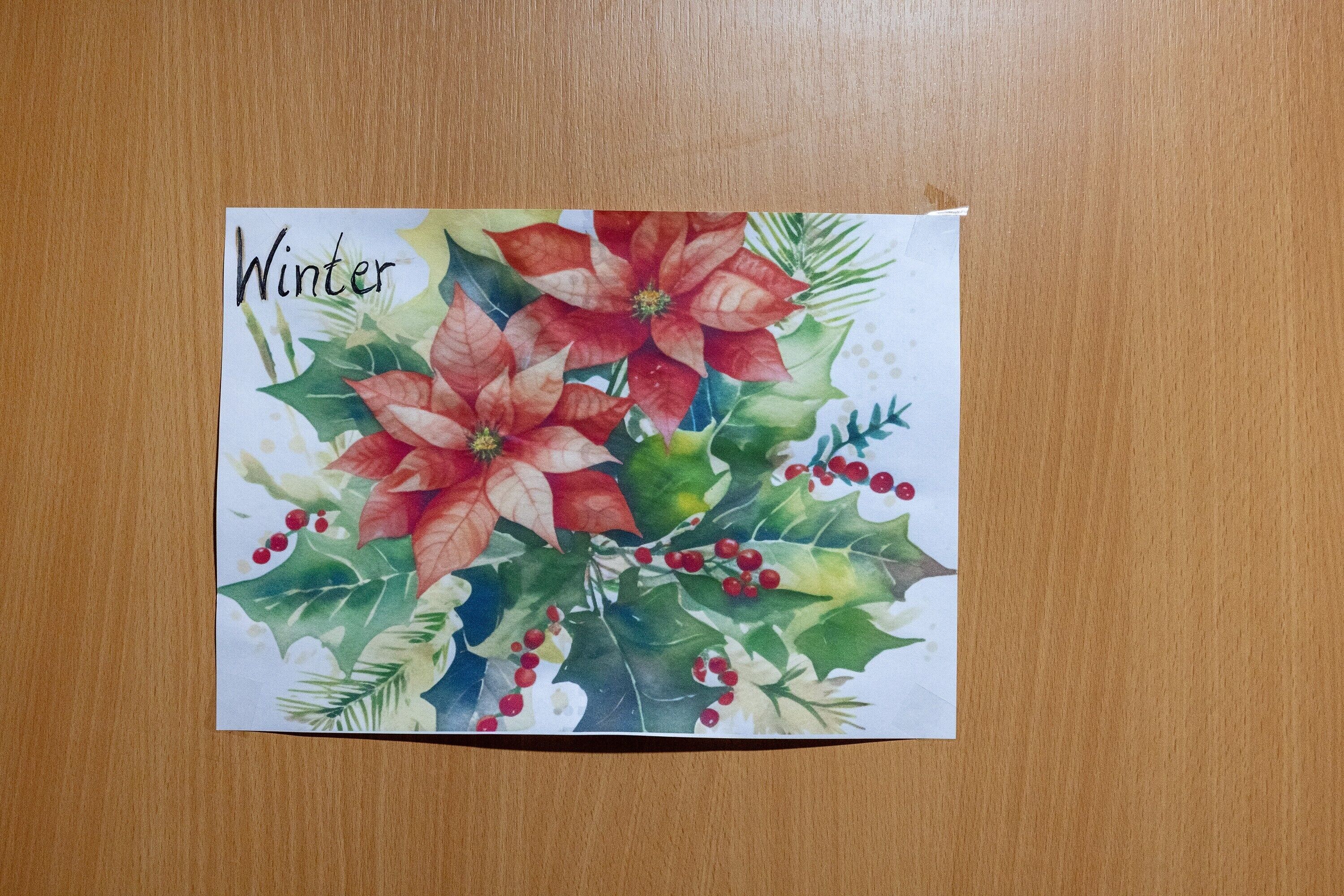 A card with 'Winter' and a poinsettia illustration.