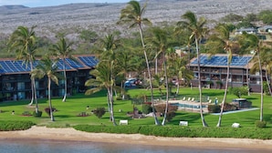 Un resort con varias edificaciones, palmeras, una piscina y una playa.