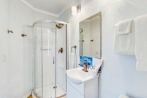 Shower, hair dryer, towels