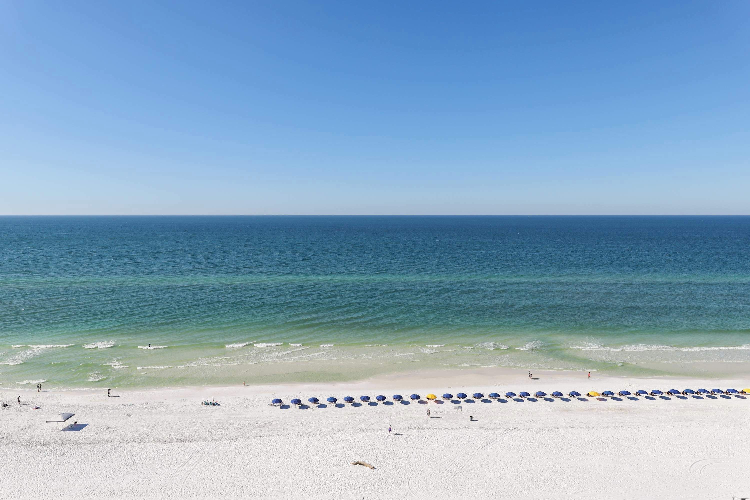 A beach with white sand, a row of umbrellas, and the ocean in the background.