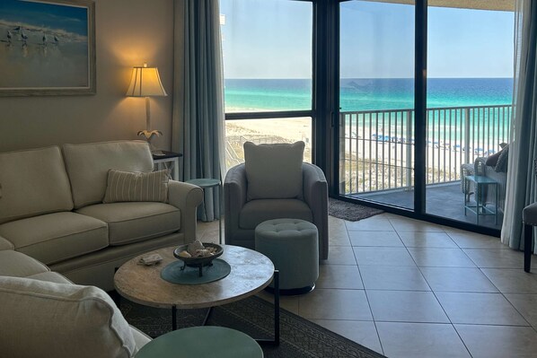 TV, offices - Gulf view condo with WiFi, AC, balcony, on-site pool, hot tub, & beach access (Miramar Beach)