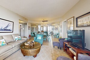 TV, offices - Spacious oceanfront condo with pool, hot tub, & beach view (Miramar Beach)