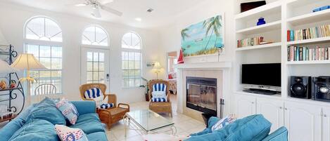 TV, fireplace, DVD player, stereo