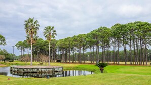 A golf course with a pond, palm trees, and a wooden dock. - Bright townhome with patio, fenced yard & pool - near shops and dining (Miramar Beach)