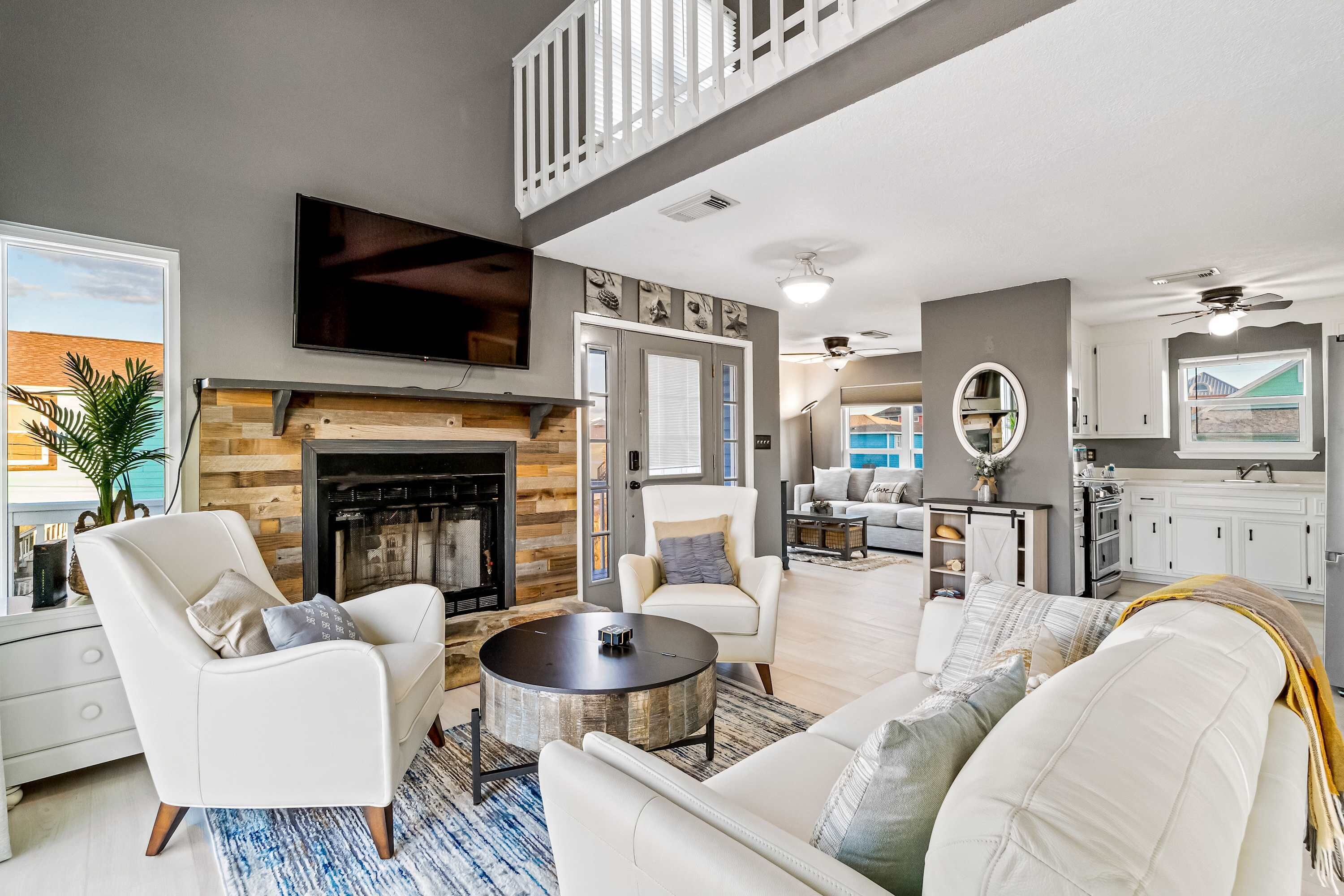 TV, fireplace, offices