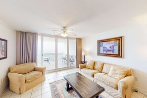 TV, offices - Beachfront condo with Gulf views, private balcony, pools, hot tub & beach access (Panama City Beach)