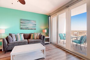 TV, offices - Water View Condo with Balcony, Central AC, WiFi, Pool/Hot Tub/Gym - Snowbirds OK (Panama City Beach)