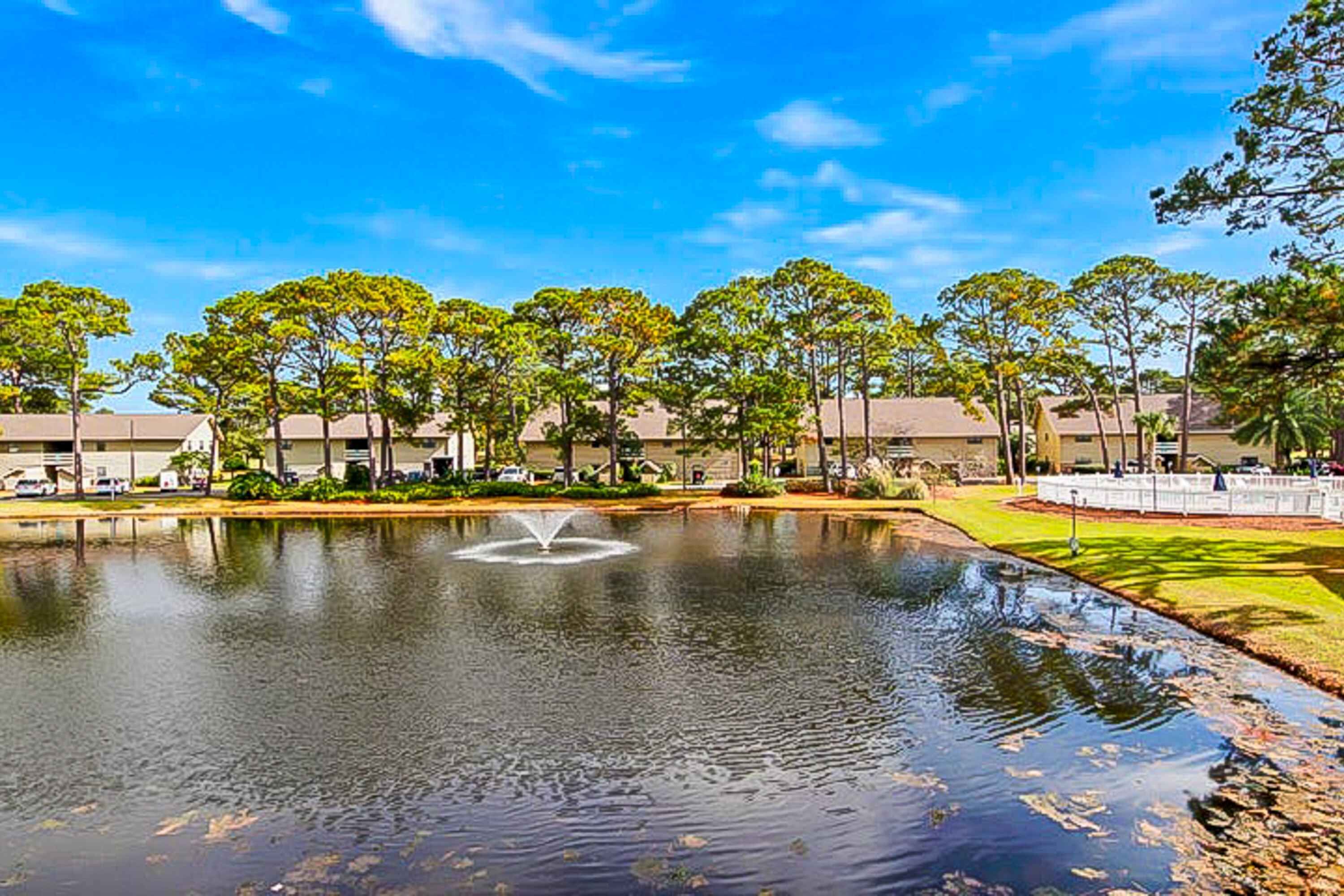 A serene outdoor area with a pond, trees, and buildings in the background.