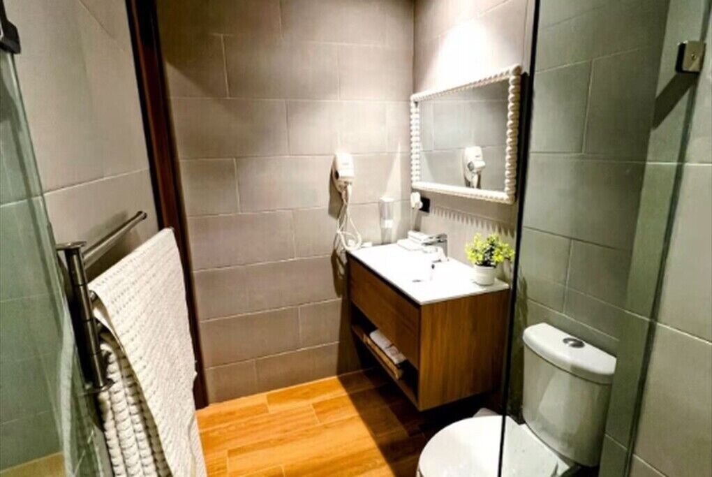 Hair dryer, towels, soap, toilet paper