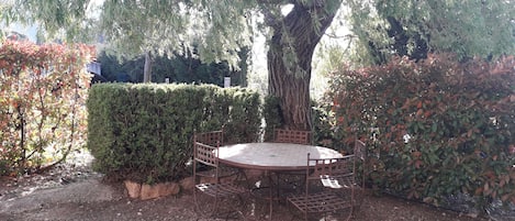 Una mesa redonda de metal con un banco metálico, rodeada por un seto y un árbol grande.