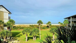A beachfront property with a view of the ocean, a grassy lawn, and several palm trees. - Lighthouse Point 31B | Excellent Views, Pool Access (Tybee Island)