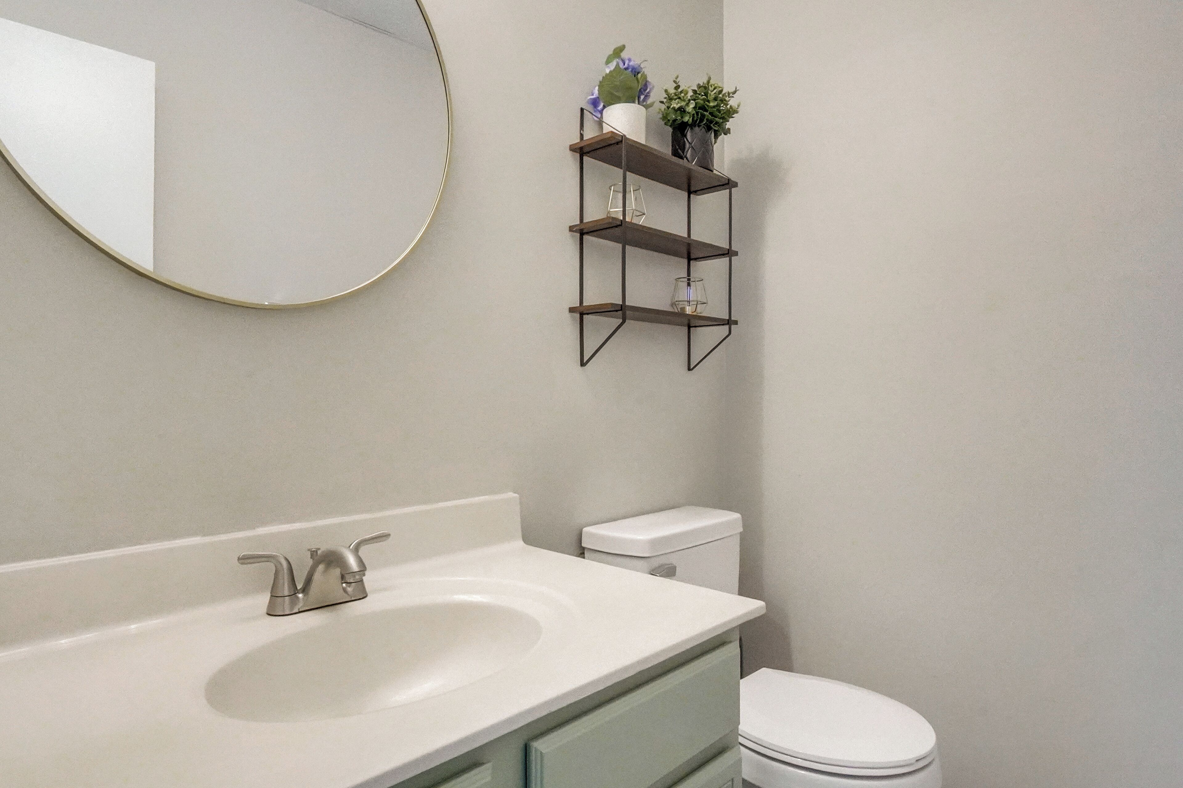Une salle de bain avec un lavabo blanc, des toilettes, un miroir et une étagère sur laquelle est posée une plante.