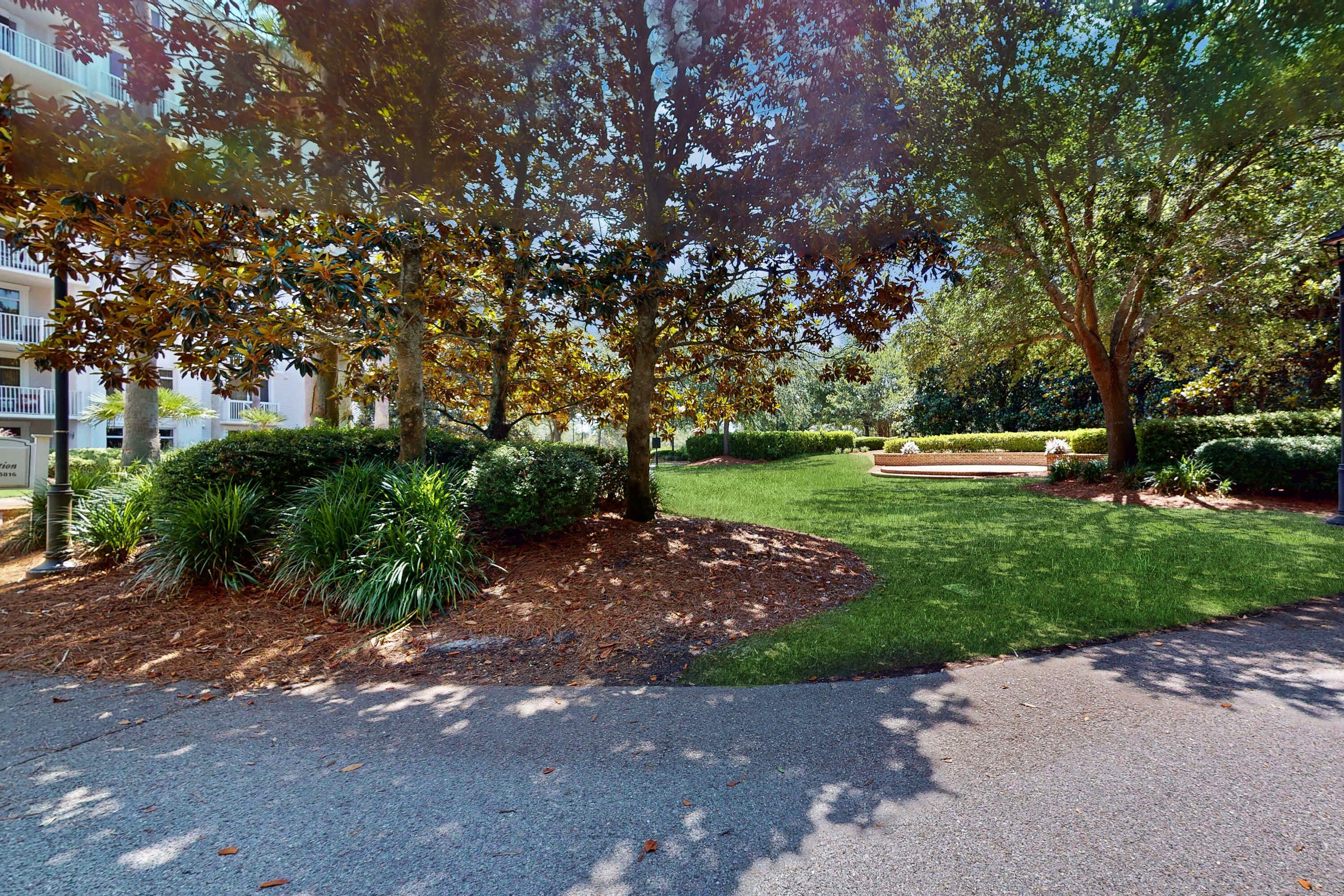 Un jardí paisatjistic amb un camí pavimentat, gespa cuidada i diversos arbustos i arbres.