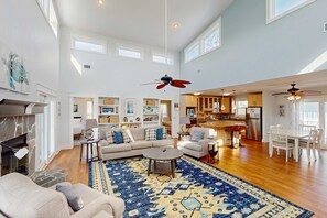TV, fireplace, offices - Spacious dog-friendly home with community pool, deck, & WiFi - minutes to beach (Cape San Blas)