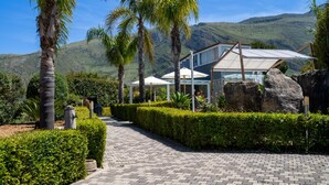 A pathway leading to a modern building with a glass facade, surrounded by well-maintained hedges and palm trees, with a mountainous backdrop. - Exclusive villa with swimming pool and spa (CASTELLAMMARE DEL GOLFO)