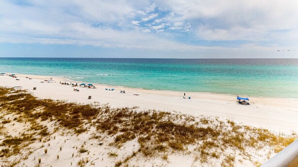 Une plage à l’eau turquoise et limpide, avec un rivage sablonneux et une végétation clairsemée.