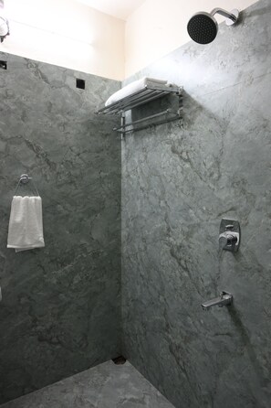 Shower, towels, soap, shampoo