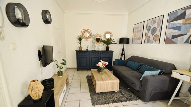 A living room with a dark sofa, a wooden coffee table, a TV, and a cabinet. - Apartment in Aubenas town center, cozy style, office, internet, netflix (Aubenas)