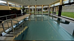 An indoor swimming pool with clear glass walls, a metal ladder, and potted plants. - Hotel Rettenberg (Kolsass)