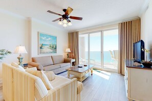 TV, DVD player, offices - Oceanfront condo with epic gulf view, shared pool & hot tub, free WiFi, & W/D (Panama City Beach)