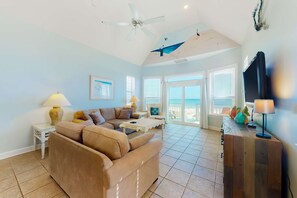 TV, offices - Dog-friendly beachfront home with private boardwalk, park style grill, deck, beach view (St. George Island)