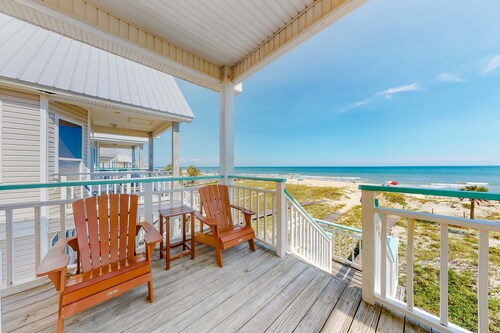Dog-friendly beachfront home with private boardwalk, park style grill, deck, beach view