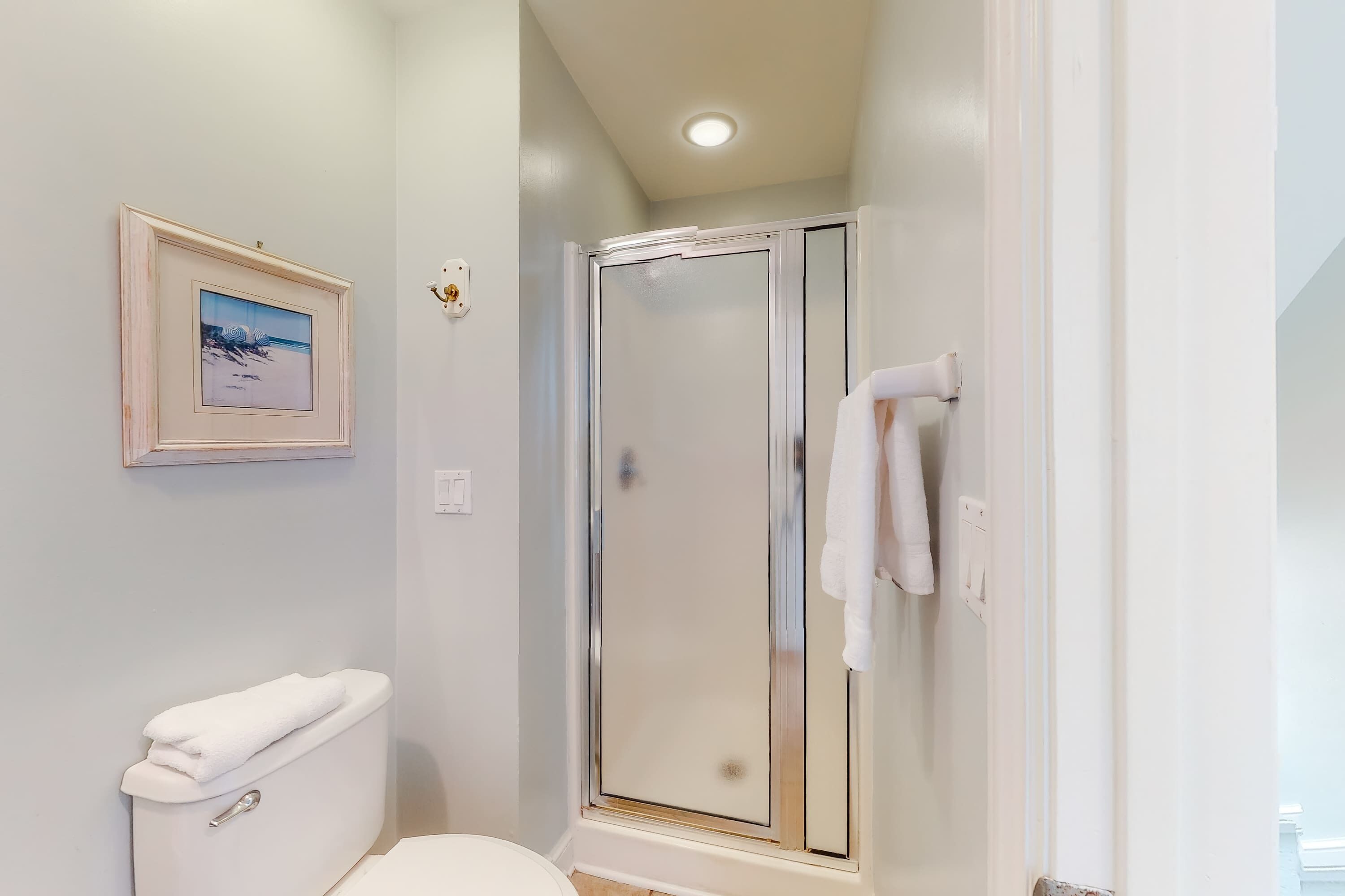 A bathroom with a toilet, a framed picture on the wall, and a glass shower enclosure.