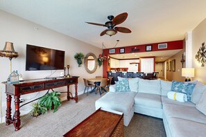 TV, offices - Oceanfront Condo with Views, Beach Access, Pool & Hot Tub at Majestic Beach Resort (Panama City Beach)