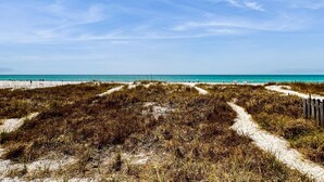 A beach with a sandy path leading to the water, surrounded by vegetation. - Oceanfront Townhouse w/ Ocean Views, High-Speed WiFi, Washer/Dryer, & Central AC (Panama City Beach)