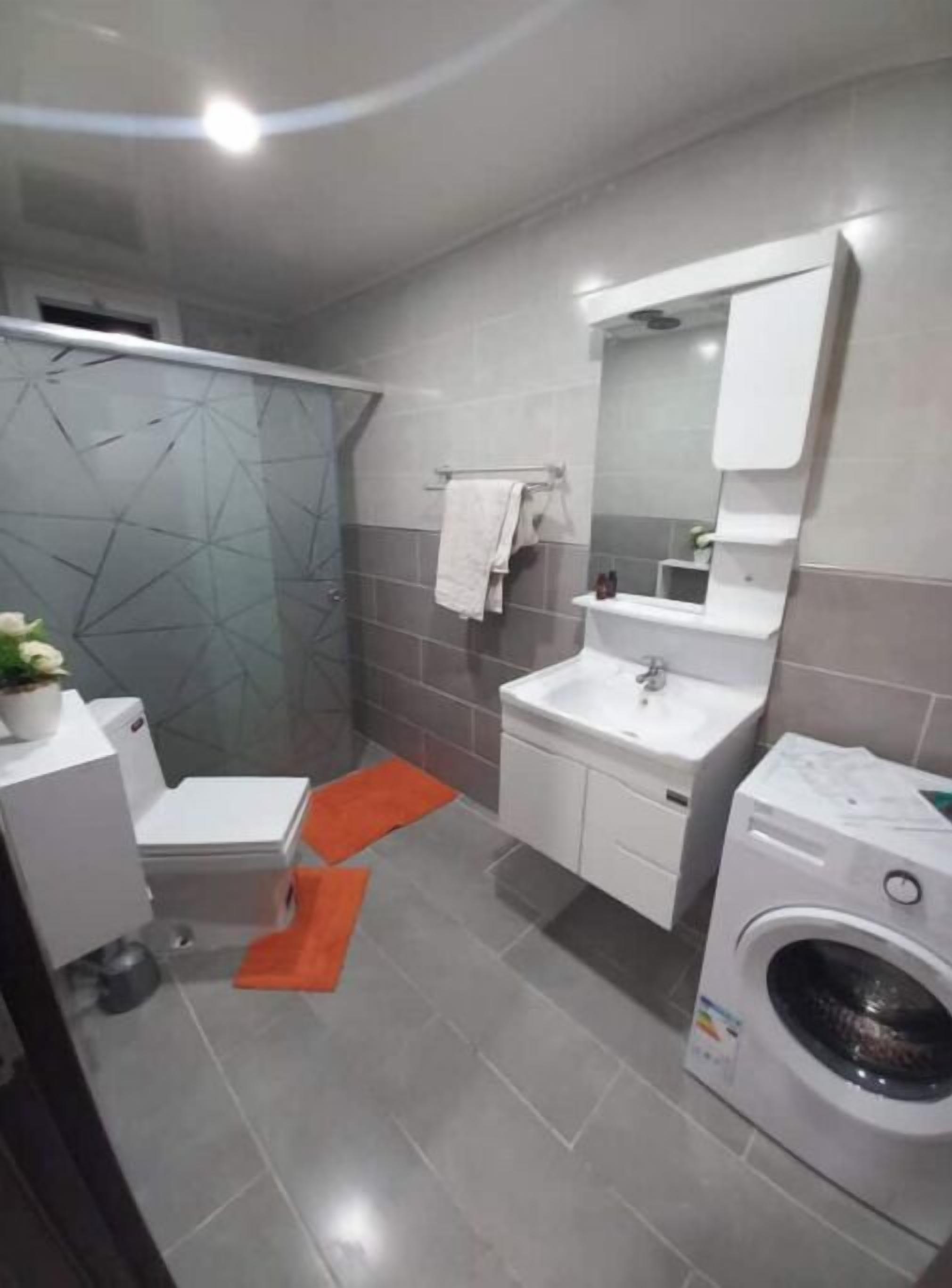 Une salle de bain moderne équipée de toilettes, d’un lavabo et d’un lave-linge.