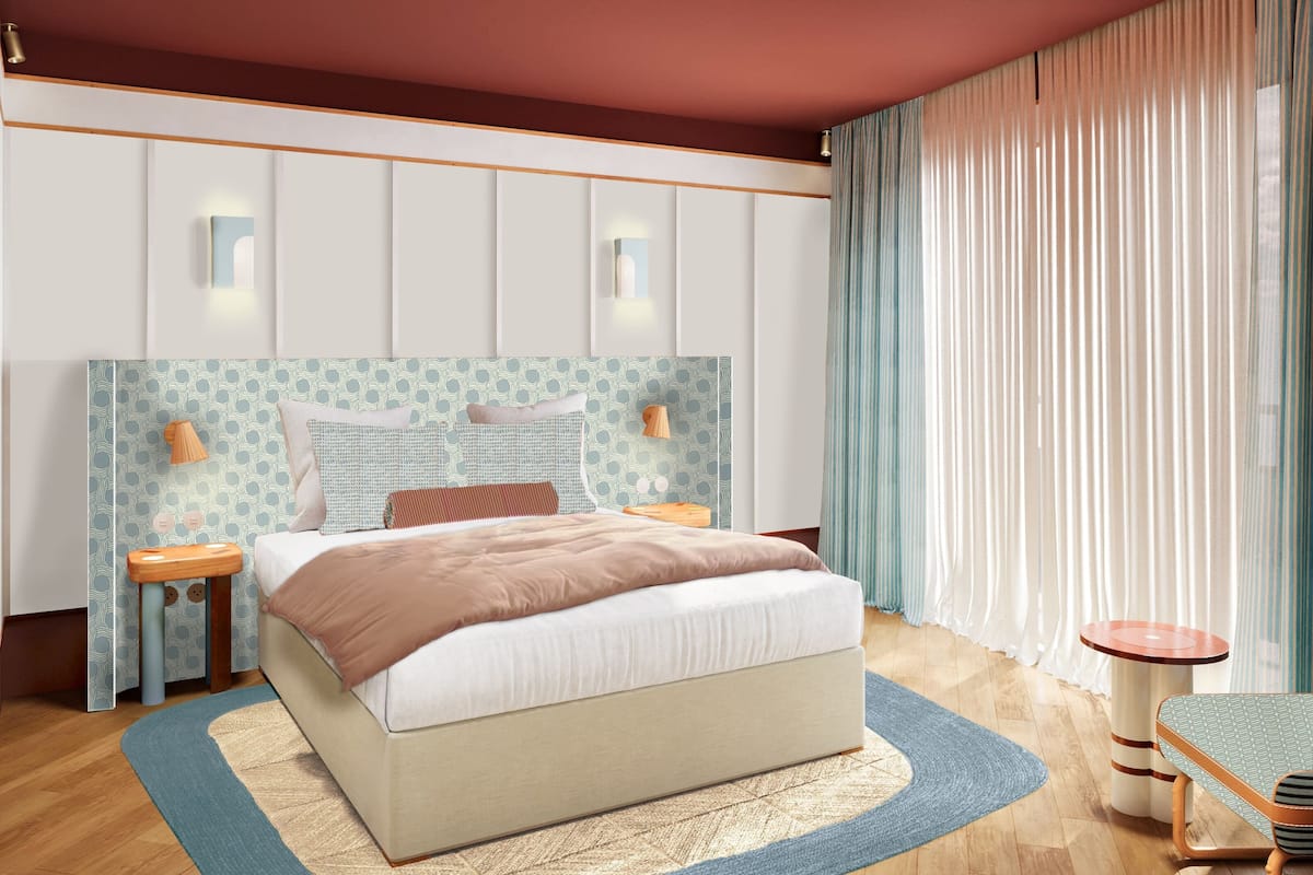 Una camera da letto moderna con un letto grande, comodini, una lampada da notte, una sedia e una finestra con tende.
