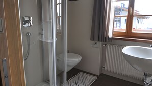 A bathroom with a glass shower enclosure, a toilet, and a sink. - Villa Konstanze Apartment with Mountain View, Private Terrace and Wi-Fi (Plan Da Tieja)