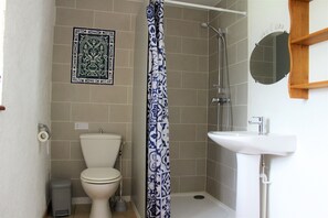 Regadera, secadora de cabello, toallas, papel de baño 