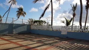 Ein gepflasterter Außenbereich mit weißem Zierzaun, Palmen und blauem Himmel.