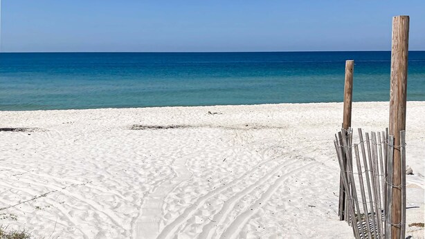 Una playa arenosa con una valla de madera y un cielo azul despejado.