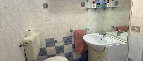 A bathroom with a toilet, bidet, sink, and a mirror. There are shelves with toiletries and a towel hanging on the wall.