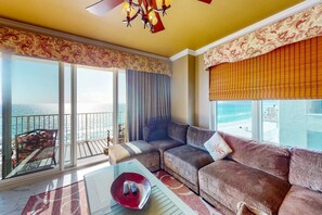 TV, offices - Beachfront 6th-floor condo with Gulf views, balcony, outdoor pool & beach access (Panama City Beach)