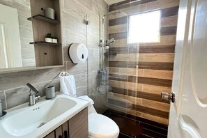 Secadora de cabello, toallas, jabón, papel de baño 