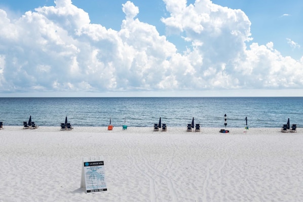 Una spiaggia con lettini e ombrelloni, un cartello e l'oceano sullo sfondo.