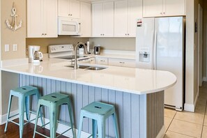 A kitchen with white cabinets, a white refrigerator, a microwave, a coffee maker, and three blue stools. - Deluxe Condo Unit! Master BR on Gulf side, Double long Balcony & Guestroom (Panama City Beach)