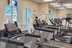 A gym with multiple treadmills, exercise bikes, and weight machines. - Deluxe Condo Unit! Master BR on Gulf side, Double long Balcony & Guestroom (Panama City Beach)
