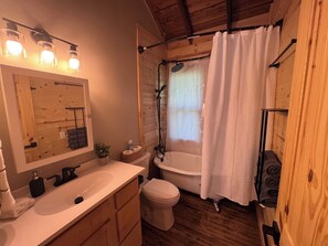 Hair dryer, towels, soap, toilet paper