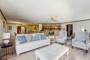 TV, fireplace - Tranquil dog-friendly family home with Gulf view, steps to private beach access (Panama City Beach)