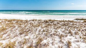 Une plage de sable blanc avec une végétation clairsemée.